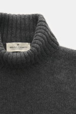 Bruno Manetti Cashmere Rollkragenpullover dunkelgrau meliert, Detailansicht von oben, weicher Griff, mittelfeines Strickbild, Slim Fit, 100% Cashmere.