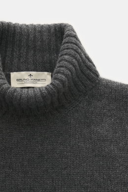 Bruno Manetti Cashmere Rollkragenpullover dunkelgrau meliert, Detailansicht von oben, weicher Griff, mittelfeines Strickbild, Slim Fit, 100% Cashmere.
