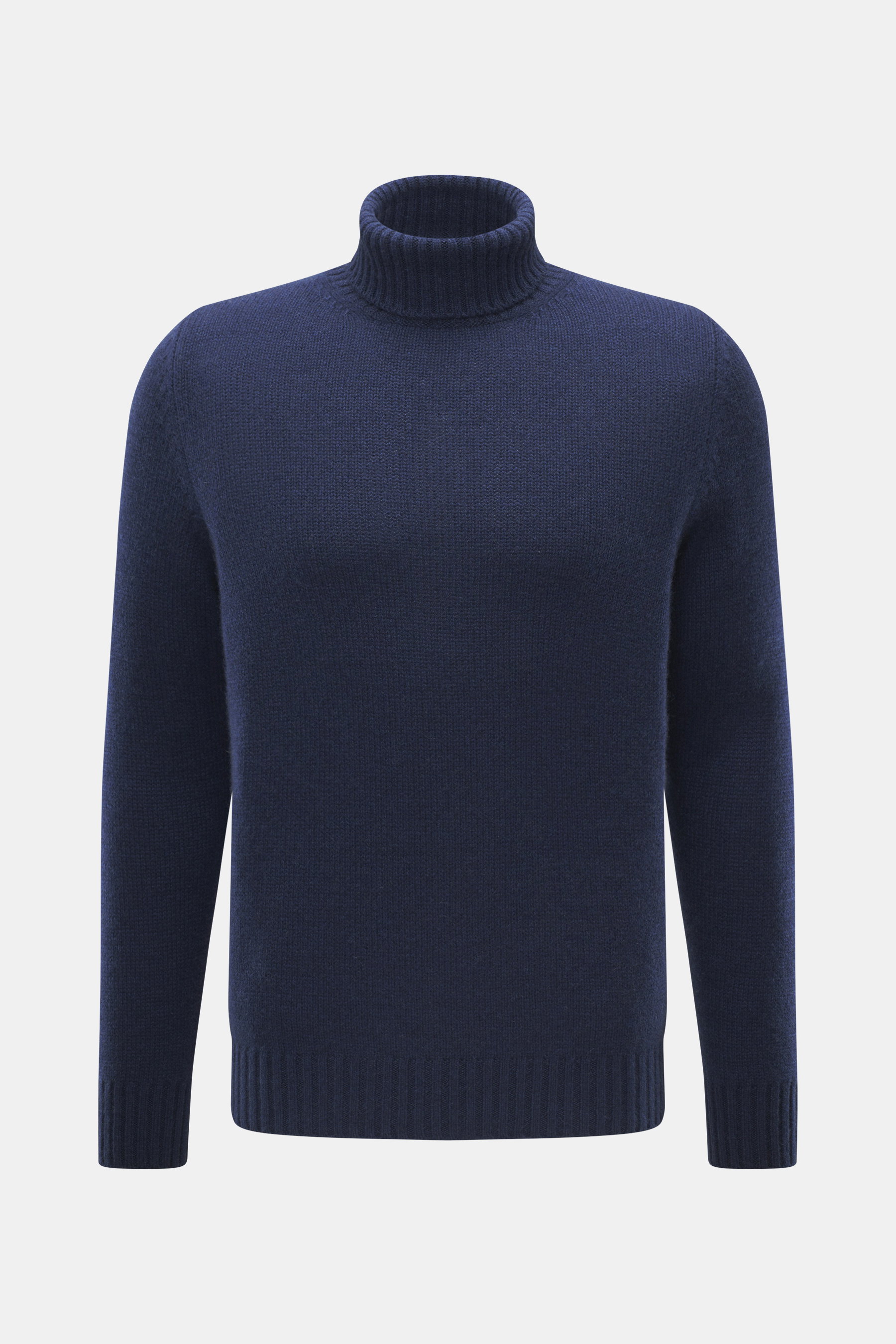 Bruno Manetti Cashmere turtleneck jumper navy shown from the front, a timeless winter essential in 100% pure cashmere with soft feel, medium-fine knit, slim fit, close-fitting turtleneck, and comfortable ribbed bands.
