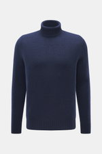 Bruno Manetti Cashmere turtleneck jumper navy shown from the front, a timeless winter essential in 100% pure cashmere with soft feel, medium-fine knit, slim fit, close-fitting turtleneck, and comfortable ribbed bands.