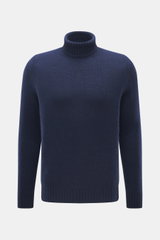 Bruno Manetti Cashmere turtleneck jumper navy shown from the front, a timeless winter essential in 100% pure cashmere with soft feel, medium-fine knit, slim fit, close-fitting turtleneck, and comfortable ribbed bands.