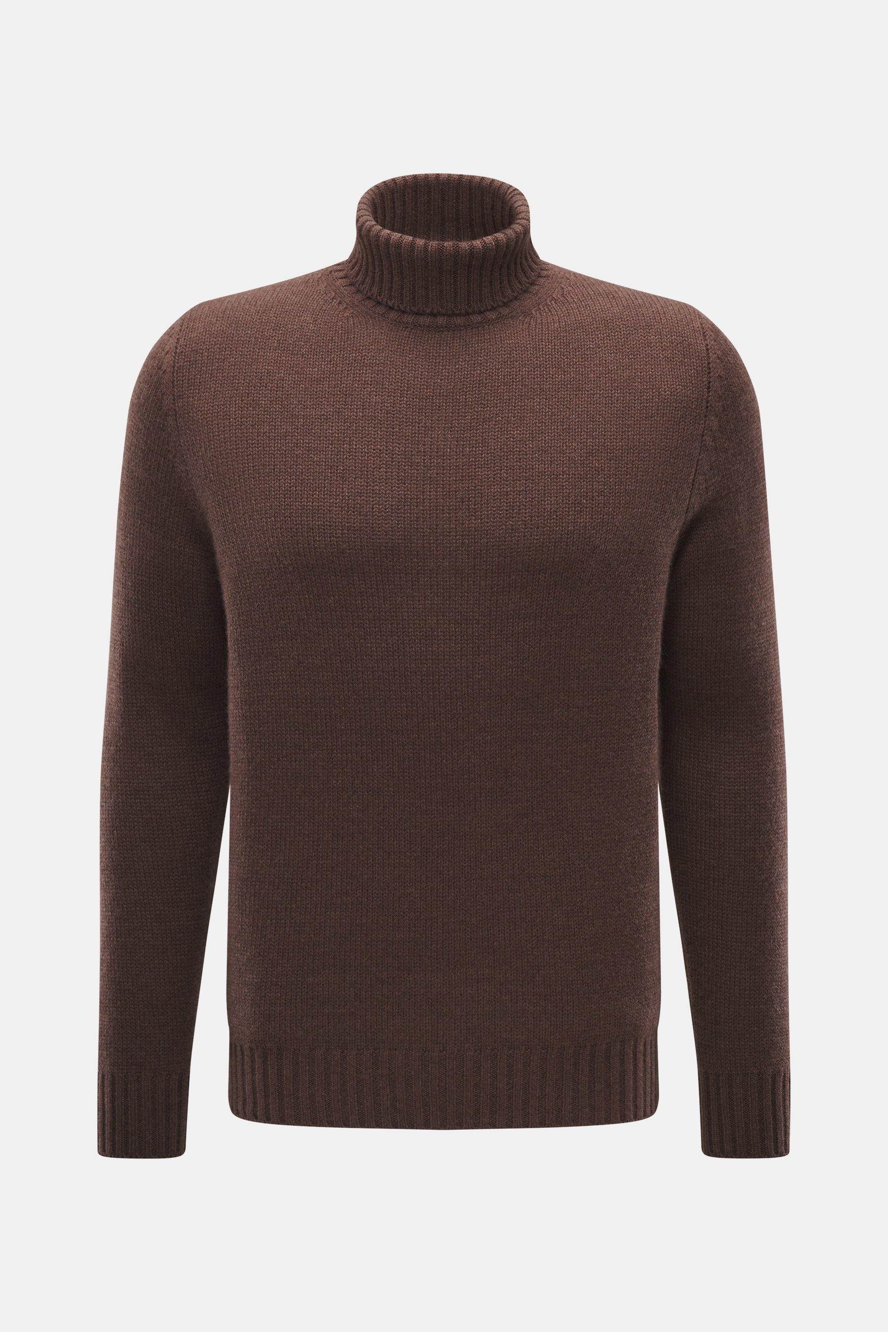 Bruno Manetti Cashmere turtleneck jumper dark brown shown from front, slim fit with medium-fine knit, ribbed bands, and close-fitting turtleneck. A timeless winter essential: This elegant turtleneck jumper by BRUNO MANETTI keeps you warm with its comforta
