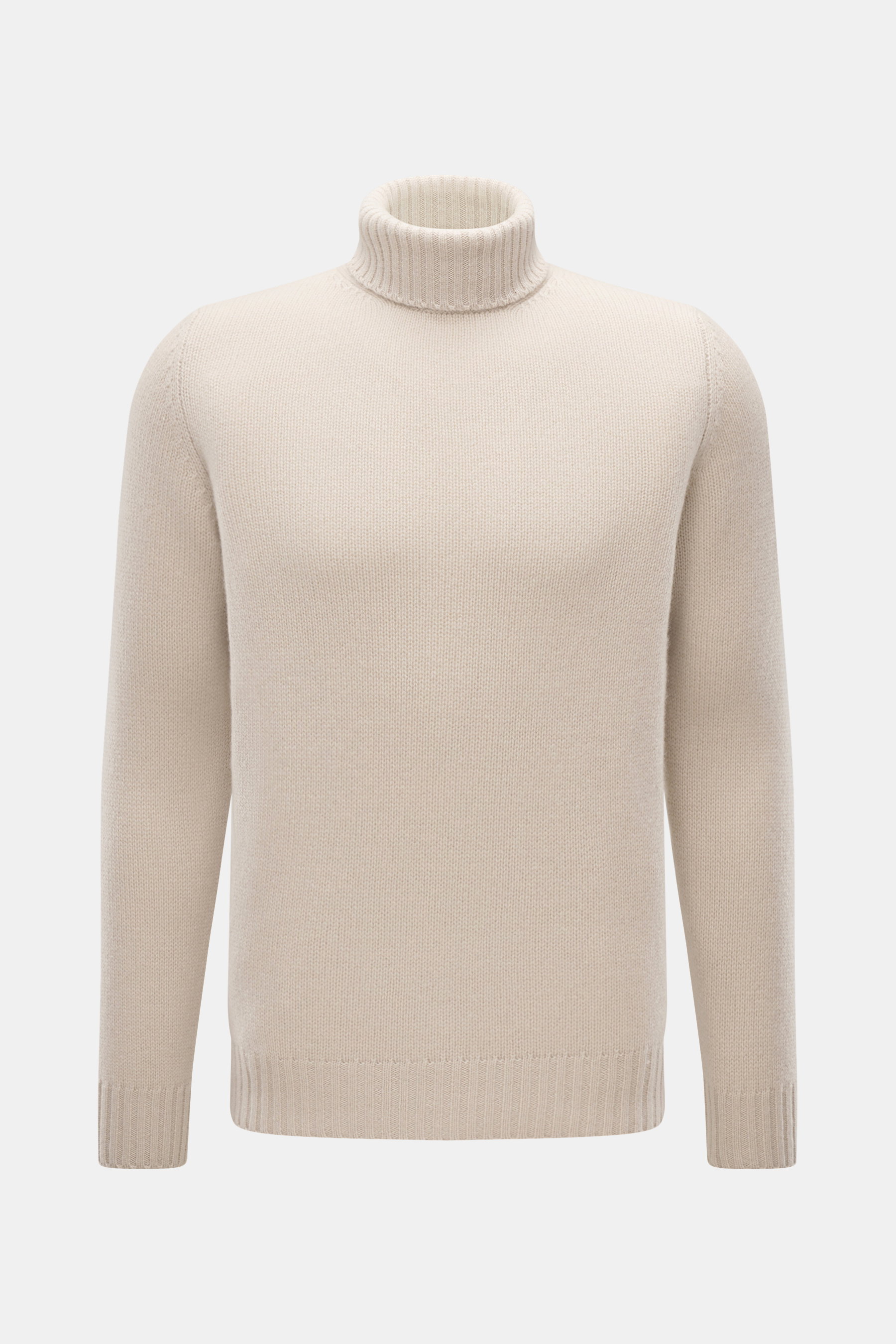 Front view of Bruno Manetti Cashmere turtleneck jumper sand, a slim fit winter essential in pure cashmere with a soft feel, medium-fine knit, close-fitting ribbed turtleneck, and comfortable ribbed bands.