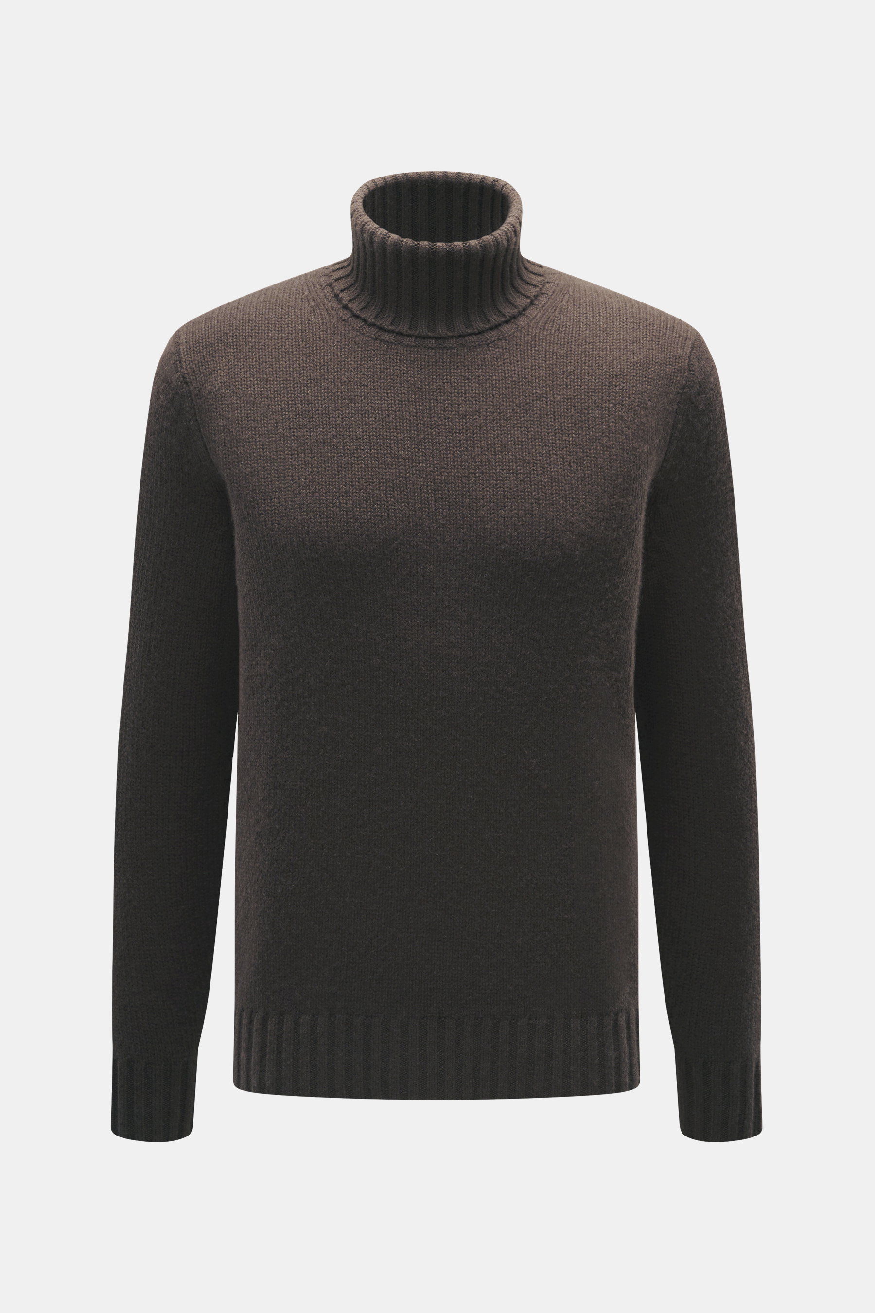 FTC Cashmere Rollkragenpullover dunkelbraun, Frontansicht, reiner Cashmere, geschmeidiger Griff, mittelfeines Strickbild, Slim Fit, Rollkragen, Rippbündchen.