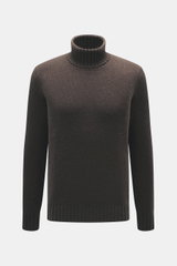 FTC Cashmere Rollkragenpullover dunkelbraun, Frontansicht, reiner Cashmere, geschmeidiger Griff, mittelfeines Strickbild, Slim Fit, Rollkragen, Rippbündchen.