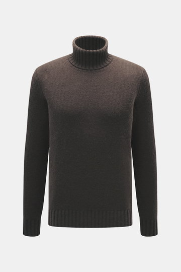 FTC Cashmere turtleneck sweater dark brown shown from front, pure cashmere, smooth touch, medium-fine knit, slim fit, turtleneck, ribbed cuffs.