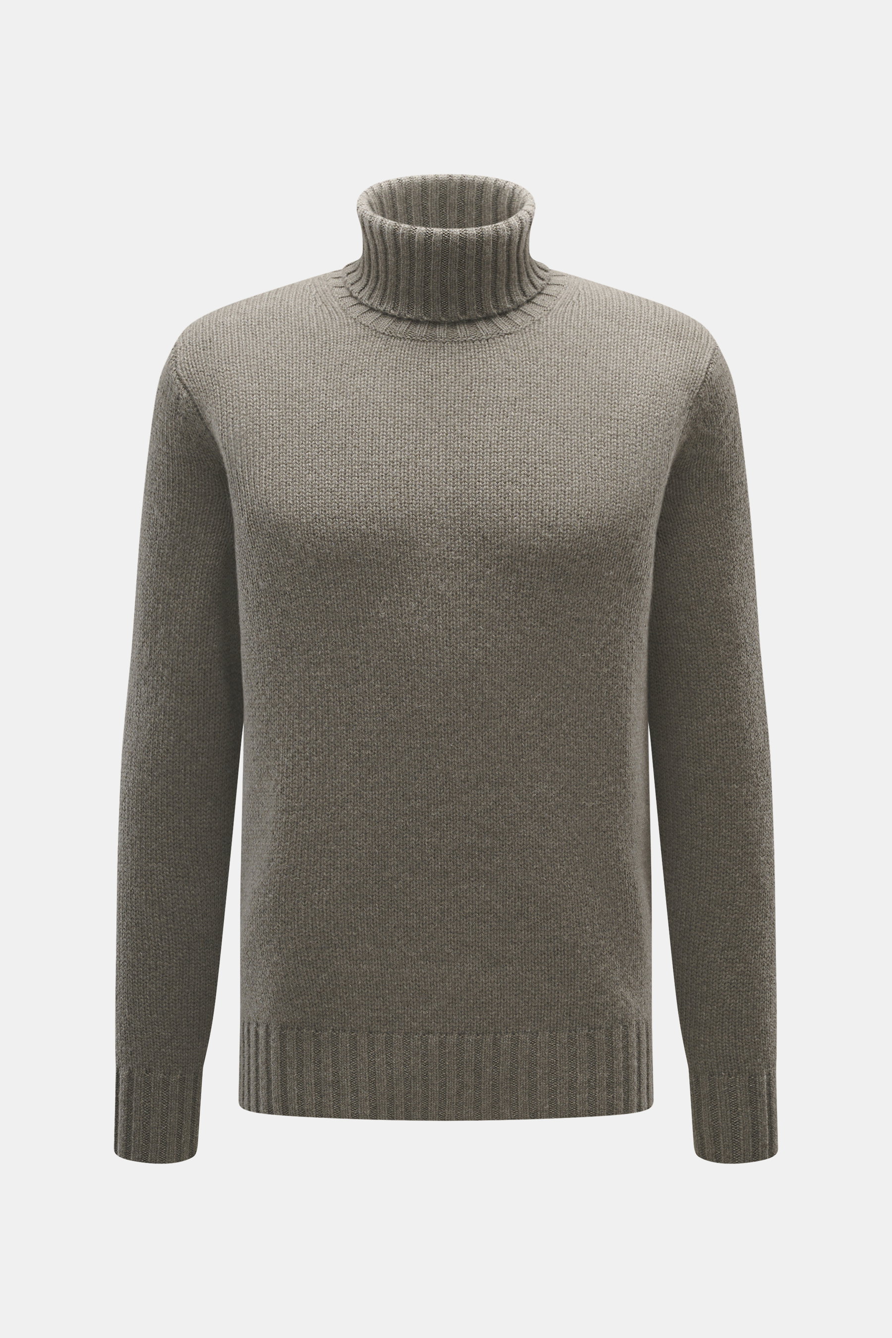 FTC Cashmere Rollkragenpullover graugrün meliert, Slim Fit, mittelfeines Strickbild, Rollkragen und Rippbündchen, frontal fotografiert.