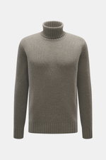 FTC Cashmere Rollkragenpullover graugrün meliert, Slim Fit, mittelfeines Strickbild, Rollkragen und Rippbündchen, frontal fotografiert.