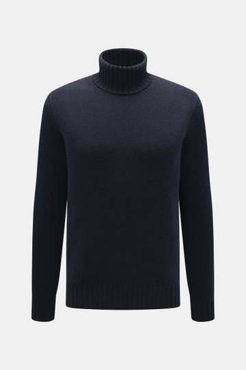 Vorderansicht des FTC Cashmere Rollkragenpullover navy, reiner Cashmere, geschmeidiger Griff, mittelfeines Strickbild, Slim Fit, Rollkragen, komfortable Rippbündchen.
