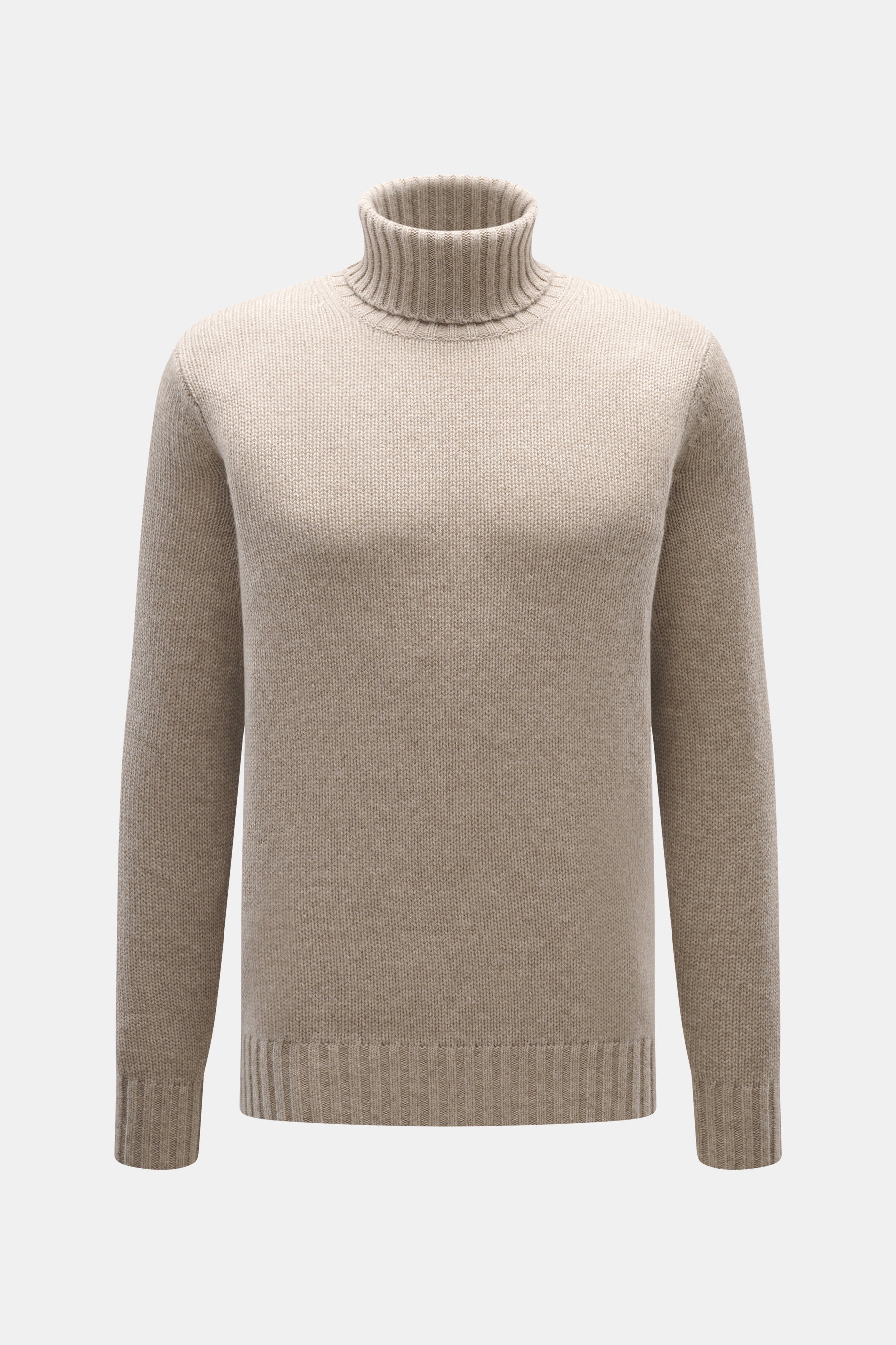 FTC Cashmere Rollkragenpullover beige meliert, Slim Fit, mittelfeines Strickbild, nachhaltiger Luxus, OEKO-TEX®-zertifiziert, frontal fotografiert.