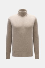 FTC Cashmere Rollkragenpullover beige meliert, Slim Fit, mittelfeines Strickbild, nachhaltiger Luxus, OEKO-TEX®-zertifiziert, frontal fotografiert.