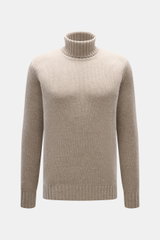 FTC Cashmere Rollkragenpullover beige meliert, Slim Fit, mittelfeines Strickbild, nachhaltiger Luxus, OEKO-TEX®-zertifiziert, frontal fotografiert.