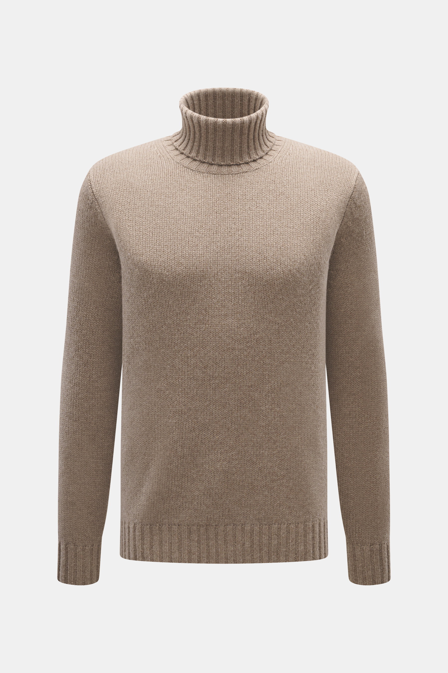 FTC Cashmere Rollkragenpullover taupe meliert, Slim Fit, mittelfeines Strickbild, OEKO-TEX®, weicher Griff, Rippbündchen, frontal fotografiert.