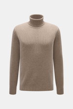FTC Cashmere Rollkragenpullover taupe meliert, Slim Fit, mittelfeines Strickbild, OEKO-TEX®, weicher Griff, Rippbündchen, frontal fotografiert.