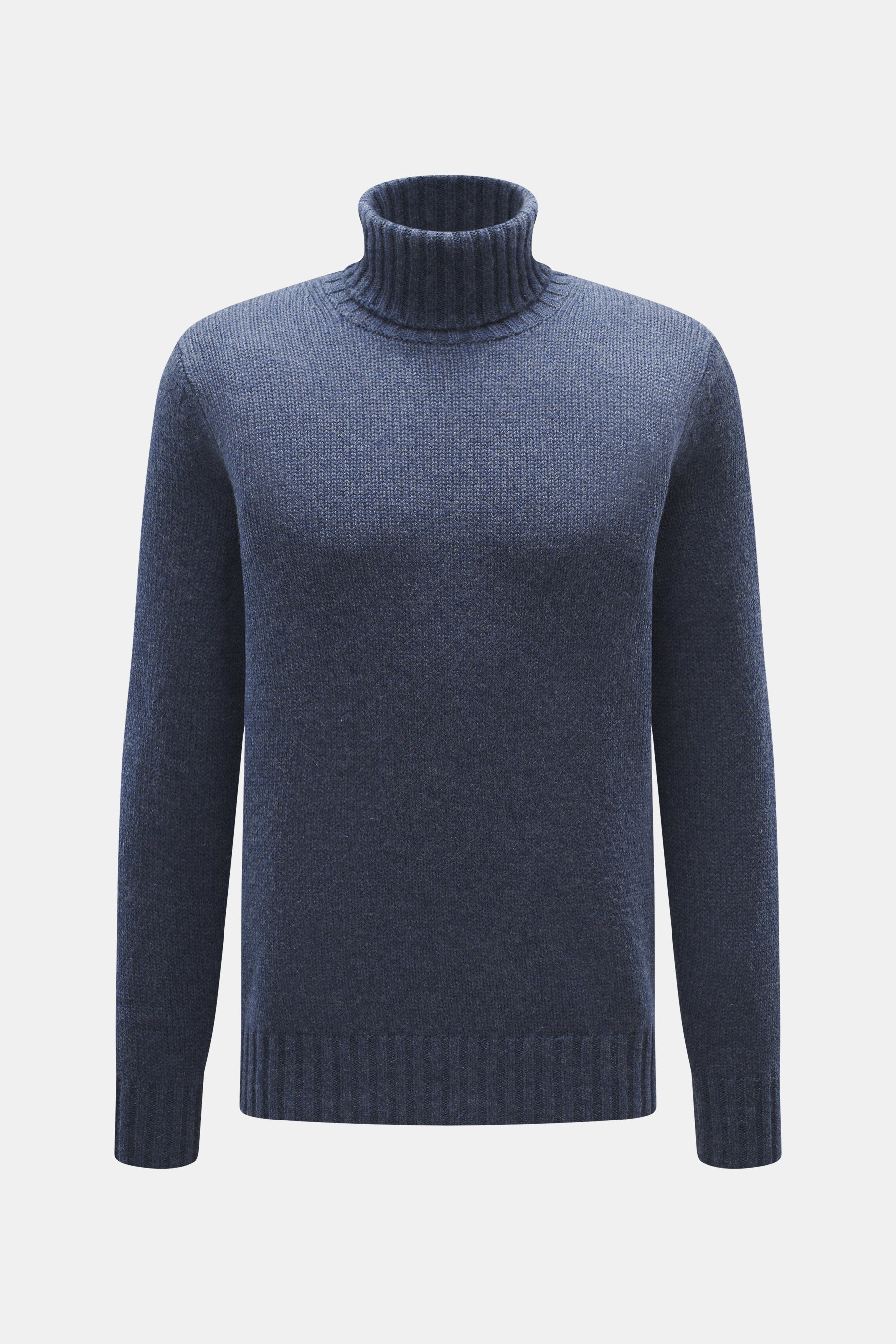 FTC Cashmere Rollkragenpullover graublau meliert, Slim Fit, mittelfein gestrickt, Rippbündchen, OEKO-TEX®, Frontansicht, nachhaltiger Luxus.