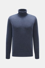 FTC Cashmere Rollkragenpullover graublau meliert, Slim Fit, mittelfein gestrickt, Rippbündchen, OEKO-TEX®, Frontansicht, nachhaltiger Luxus.