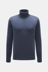 FTC Cashmere Rollkragenpullover graublau meliert, Slim Fit, mittelfein gestrickt, Rippbündchen, OEKO-TEX®, Frontansicht, nachhaltiger Luxus.