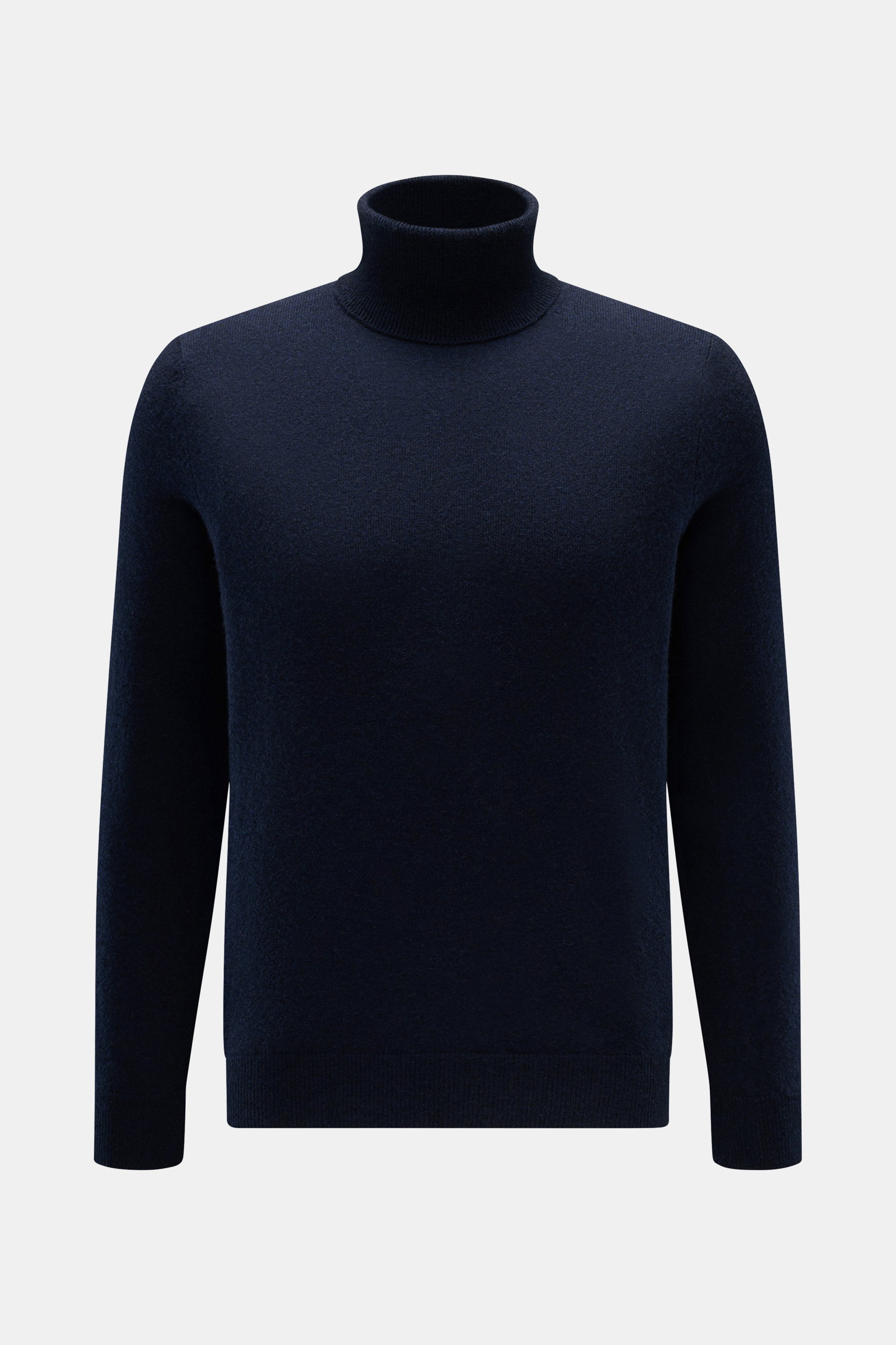 FTC Cashmere Rollkragenpullover navy in Slim Fit, feines Strickbild, weicher Griff, Rippstrick-Rollkragen und Rippbündchen, frontal fotografiert.