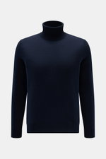 FTC Cashmere Rollkragenpullover navy in Slim Fit, feines Strickbild, weicher Griff, Rippstrick-Rollkragen und Rippbündchen, frontal fotografiert.