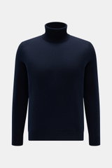 FTC Cashmere Rollkragenpullover navy in Slim Fit, feines Strickbild, weicher Griff, Rippstrick-Rollkragen und Rippbündchen, frontal fotografiert.