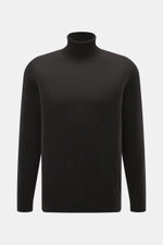 FTC Fine knit turtleneck sweater dark brown shown from front, slim fit with fitted turtleneck, soft touch, ribbed cuffs, very fine knit, blend of Fair-Trade Cashmere and Lyocell (SeaCell).