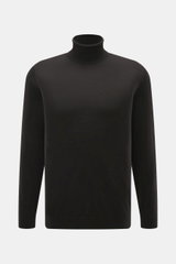 FTC Fine knit turtleneck sweater dark brown shown from front, slim fit with fitted turtleneck, soft touch, ribbed cuffs, very fine knit, blend of Fair-Trade Cashmere and Lyocell (SeaCell).