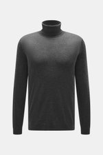 Frontale Nahaufnahme des FTC Feinstrick-Rollkragenpullovers dunkelgrau meliert, Slim Fit, aus Fair-Trade-Cashmere und Lyocell, mit feinem Strickbild, anliegendem Rollkragen und komfortablen Rippbündchen.