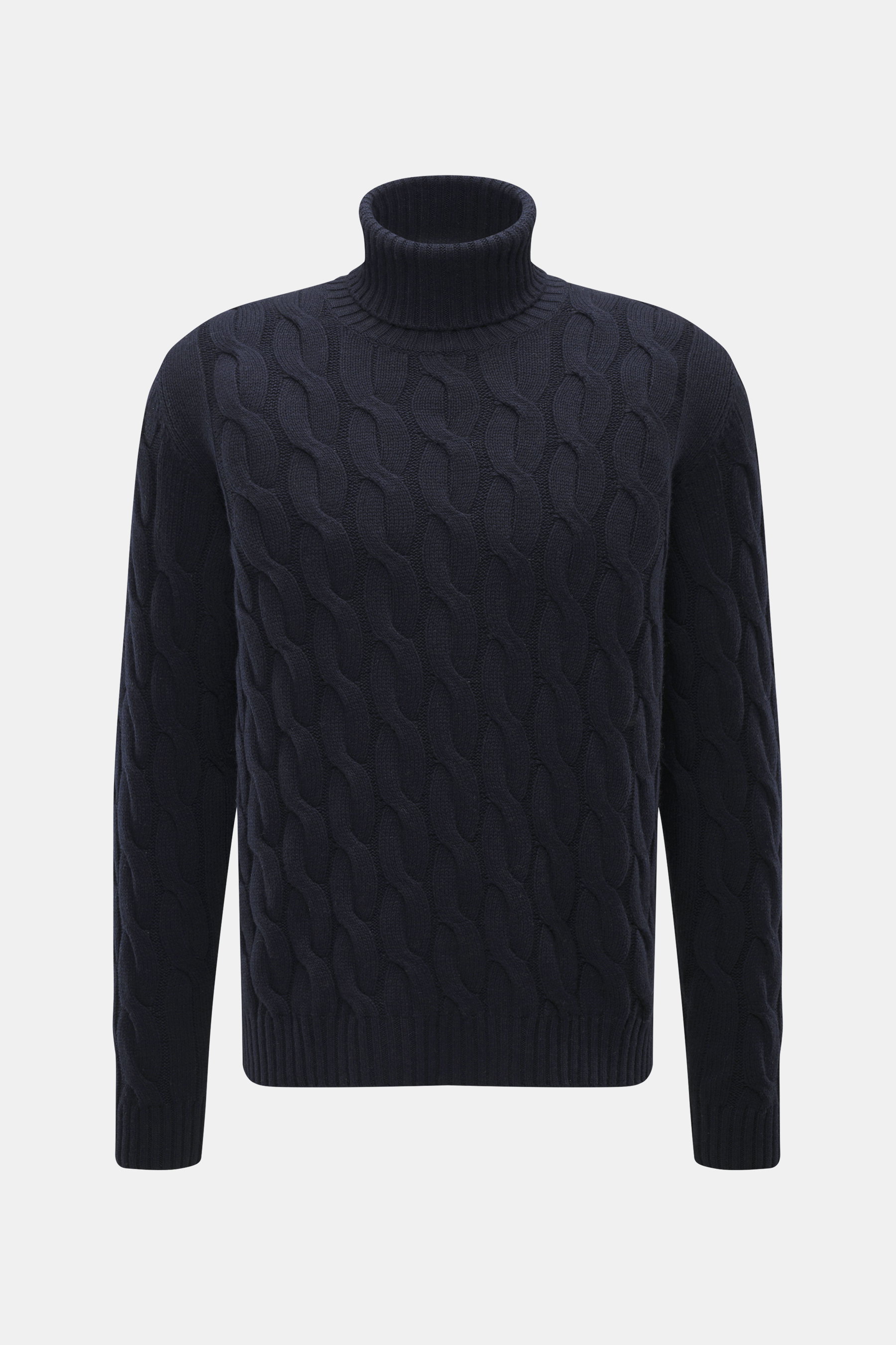 Moorer Rollkragenpullover 'Gordon' navy, Frontansicht, schwerer Woll-Cashmere-Mix, Zopfmuster, Regular Fit, Rollkragen, Made in Italy.