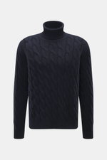 Moorer Rollkragenpullover 'Gordon' navy, Frontansicht, schwerer Woll-Cashmere-Mix, Zopfmuster, Regular Fit, Rollkragen, Made in Italy.