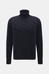 Moorer Rollkragenpullover 'Gordon' navy, Frontansicht, schwerer Woll-Cashmere-Mix, Zopfmuster, Regular Fit, Rollkragen, Made in Italy.