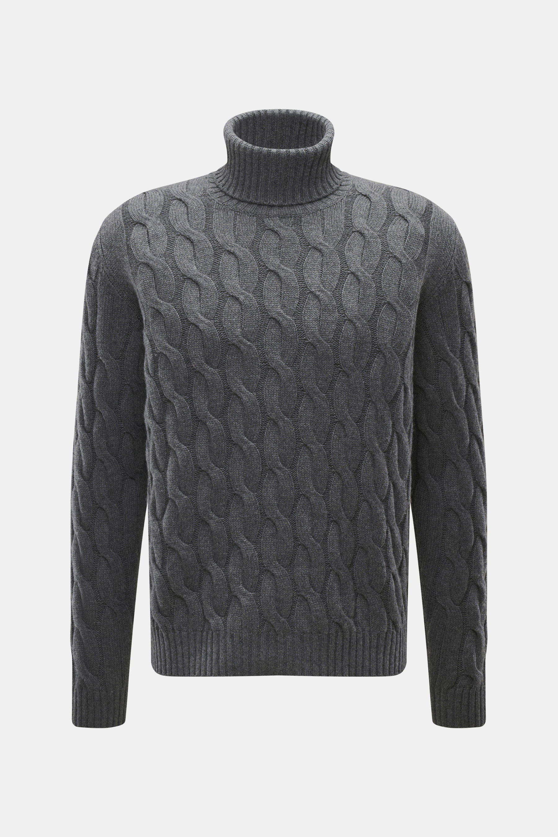 Moorer Rollkragenpullover 'Gordon' dunkelgrau meliert mit klassischem Zopfmuster, anliegendem Rollkragen, flexible Rippbündchen, Regular Fit, aus Woll-Cashmere-Mix, Vorderansicht.