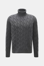 Moorer Rollkragenpullover 'Gordon' dunkelgrau meliert mit klassischem Zopfmuster, anliegendem Rollkragen, flexible Rippbündchen, Regular Fit, aus Woll-Cashmere-Mix, Vorderansicht.