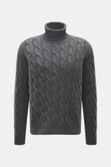 Moorer Rollkragenpullover 'Gordon' dunkelgrau meliert mit klassischem Zopfmuster, anliegendem Rollkragen, flexible Rippbündchen, Regular Fit, aus Woll-Cashmere-Mix, Vorderansicht.