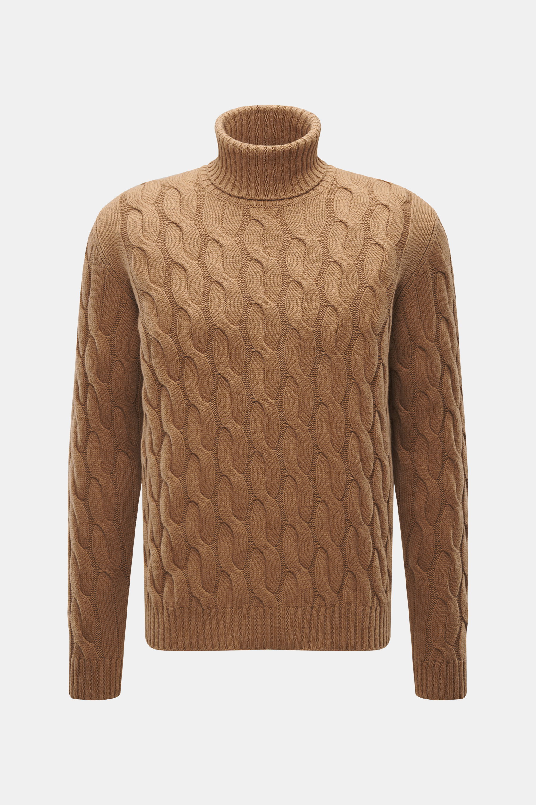 Moorer Rollkragenpullover 'Gordon' hellbraun, Frontansicht, schwerer Woll-Cashmere-Mix, Zopfmuster, weicher Griff, Regular Fit, Made in Italy.
