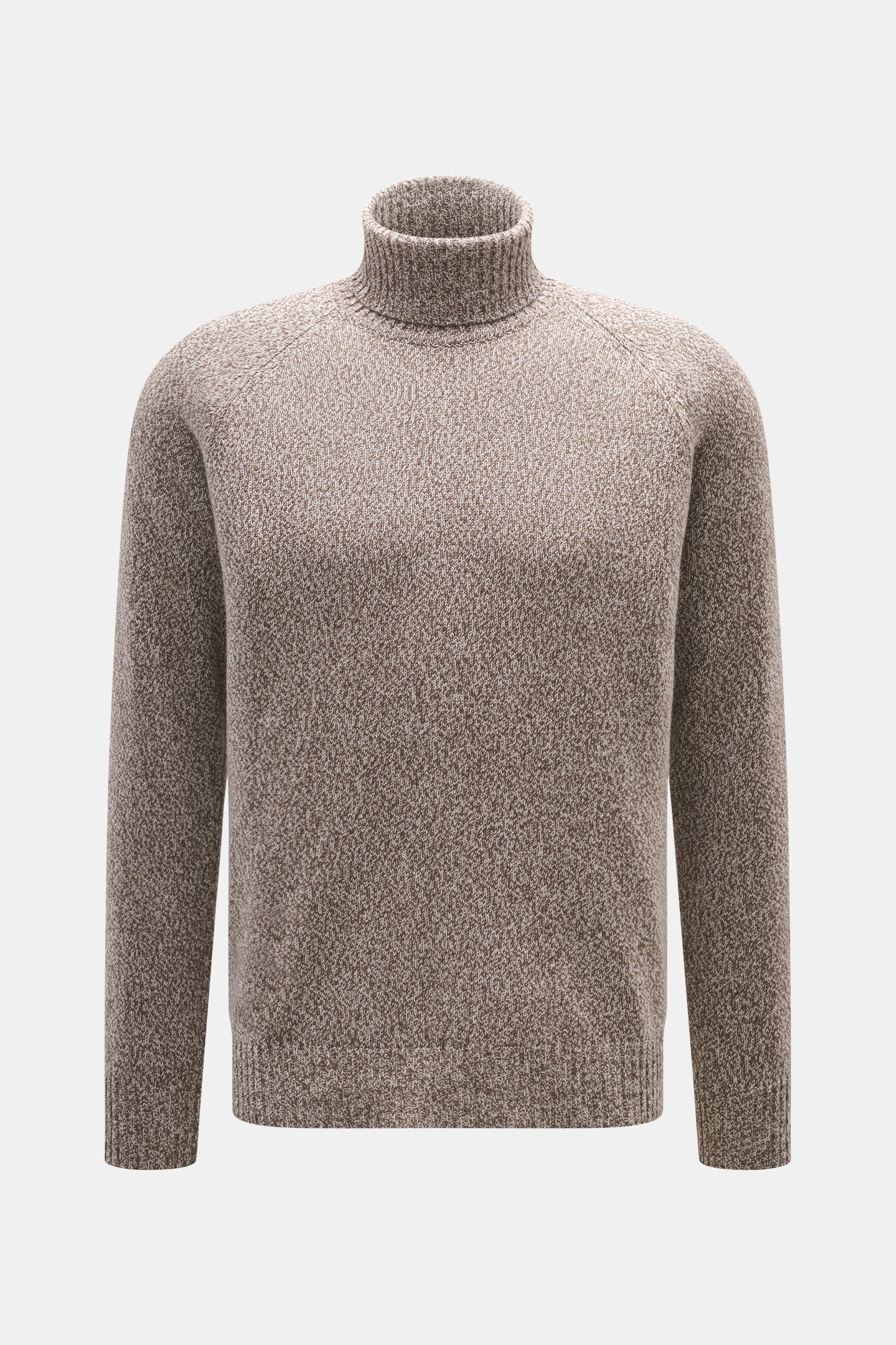 Frontalansicht des Moorer Rollkragenpullover 'Dacre' weiß/taupe meliert mit feinem Strick in Melange-Optik, Raglan-Ärmeln, anliegendem Rollkragen, elastischen Rippbündchen, Slim Fit und weichem Griff aus Wolle und Cashmere.