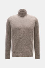 Frontalansicht des Moorer Rollkragenpullover 'Dacre' weiß/taupe meliert mit feinem Strick in Melange-Optik, Raglan-Ärmeln, anliegendem Rollkragen, elastischen Rippbündchen, Slim Fit und weichem Griff aus Wolle und Cashmere.
