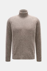 Frontalansicht des Moorer Rollkragenpullover 'Dacre' weiß/taupe meliert mit feinem Strick in Melange-Optik, Raglan-Ärmeln, anliegendem Rollkragen, elastischen Rippbündchen, Slim Fit und weichem Griff aus Wolle und Cashmere.