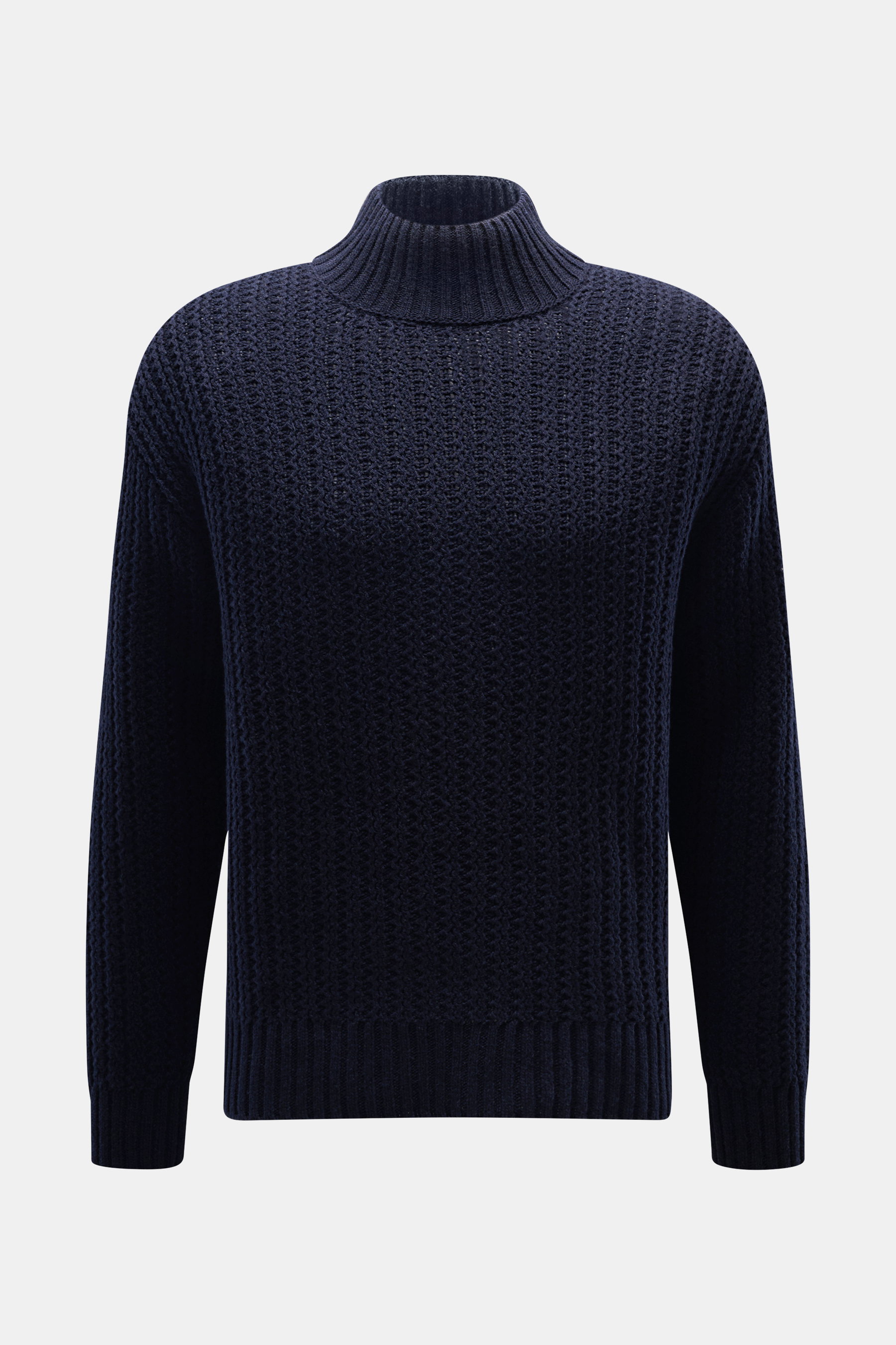 Closed Mock-Neck Pullover navy, frontal fotografiert, edler Wollstrick, markanter Strukturstrick, Regular Fit, Rippkragen und Bündchen, schweres Strickbild, leicht griffig.