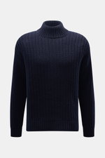 Closed Mock-Neck Pullover navy, frontal fotografiert, edler Wollstrick, markanter Strukturstrick, Regular Fit, Rippkragen und Bündchen, schweres Strickbild, leicht griffig.