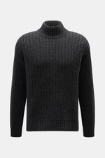 Closed Mock-Neck Pullover dunkelgrau meliert, frontal fotografiert, edler Wollstrick mit markantem Strukturstrick, Regular Fit, anliegender Rippkragen, Rippbündchen, schwere Haptik.