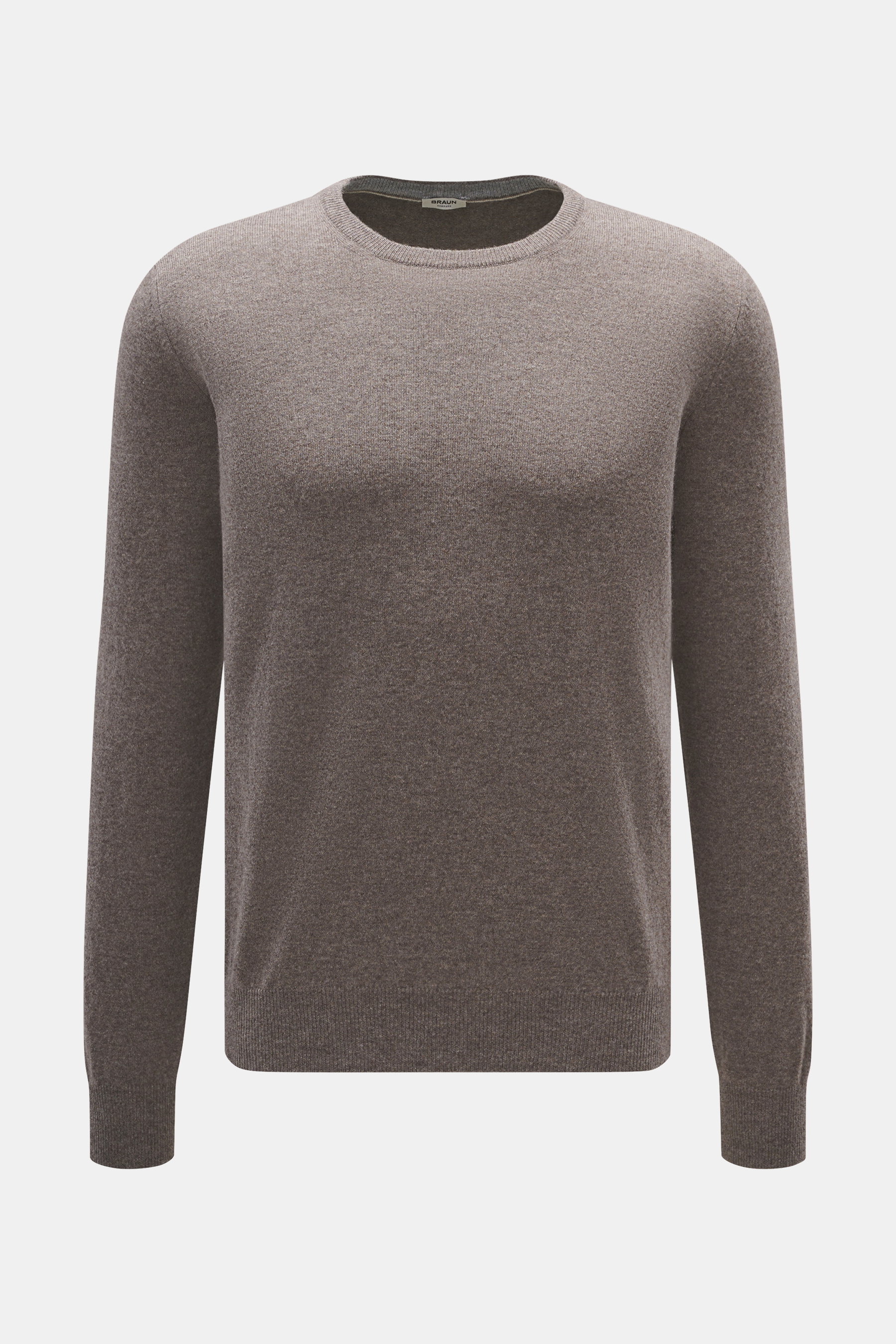 BRAUN Hamburg Cashmere crew neck sweater taupe melange shown from front, slim fit with crew neckline, fine knit, ribbed cuffs, pure cashmere, soft feel, made in Italy.