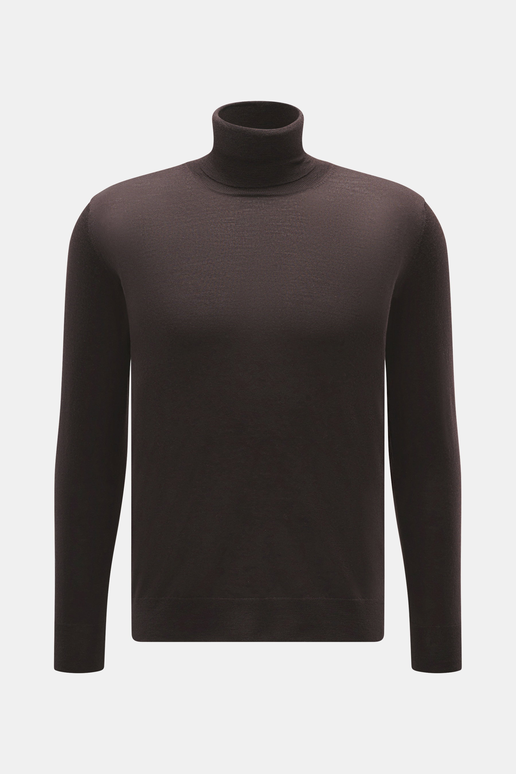 B.F. Knitwear Merino Rollkragenpullover dunkelbraun, Slim Fit, Feinstrick aus Merinowolle mit anliegendem Rollkragen, Rippbündchen, frontale Ansicht.