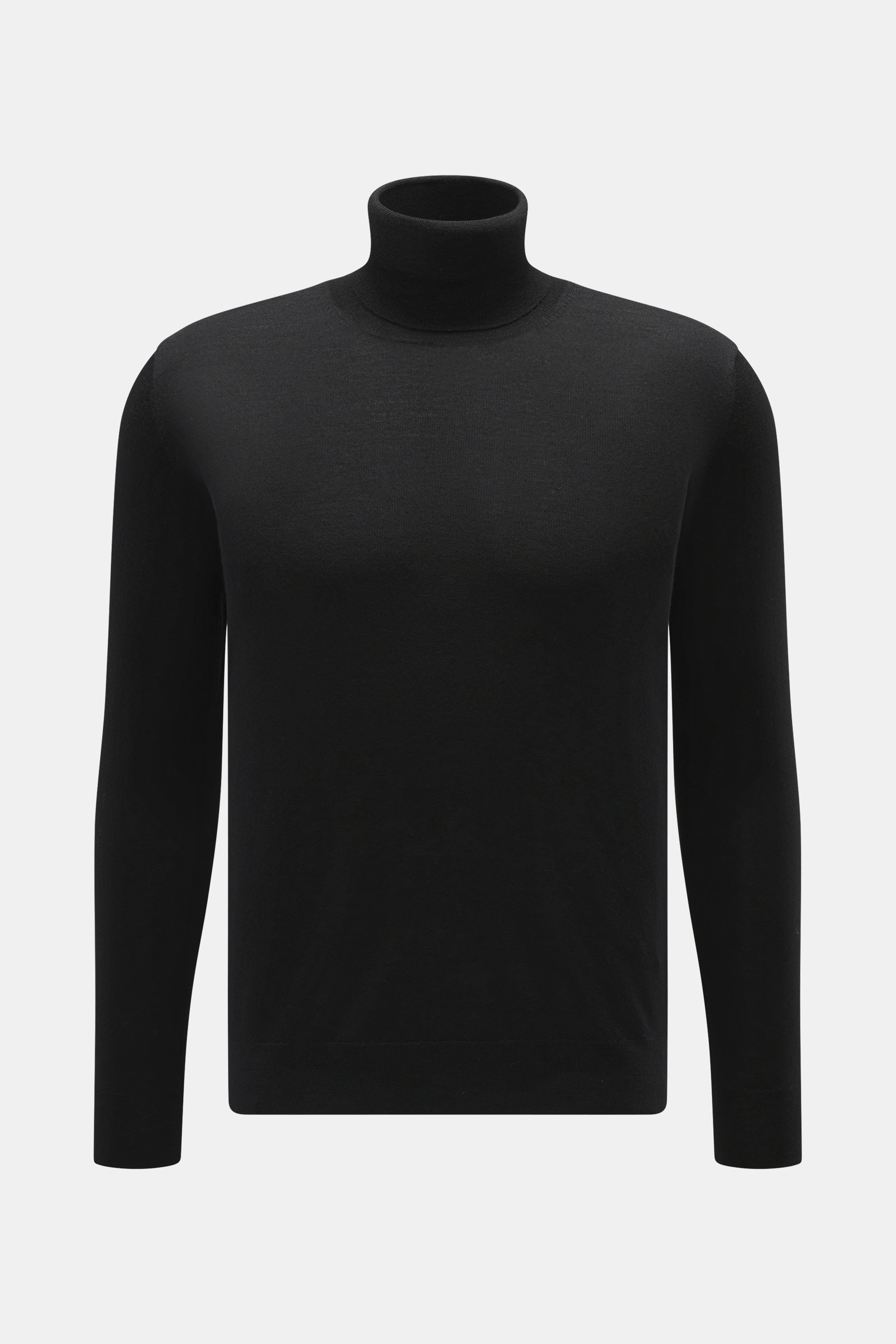 Vorderansicht des B.F. Knitwear Merino Rollkragenpullovers schwarz, Slim Fit, aus 100% Merinowolle, weicher Feinstrick mit anliegendem Rollkragen und Rippbündchen.
