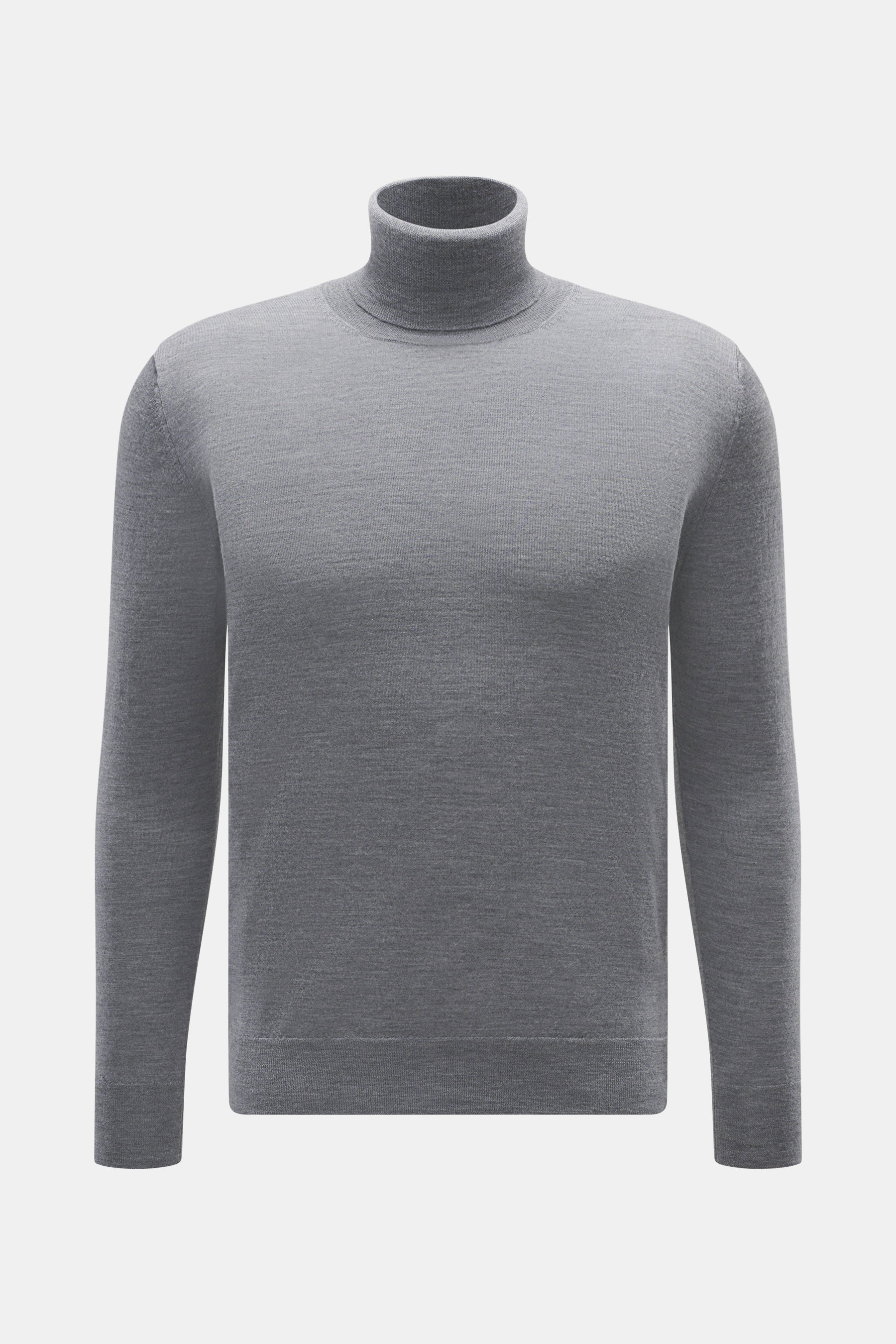 B.F. Knitwear Merino Rollkragenpullover grau meliert in Slim Fit, feiner Merinowolle, mit anliegendem Rollkragen und Rippbündchen, frontal fotografiert.