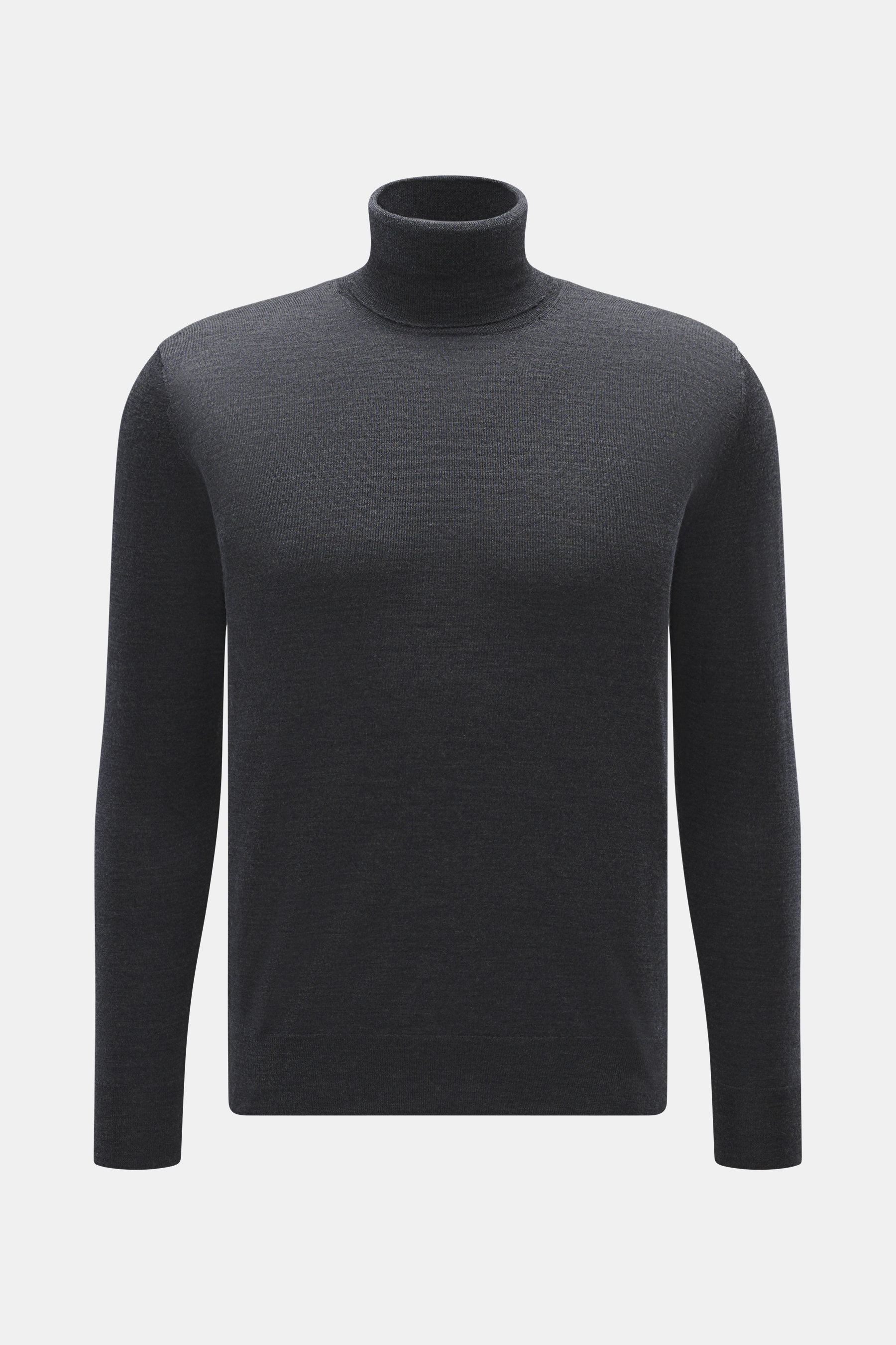 B.F. Knitwear Merino Rollkragenpullover dunkelgrau meliert, Slim Fit, feiner Merinowolle Feinstrick, weicher Griff, Rippbündchen, frontal fotografiert.