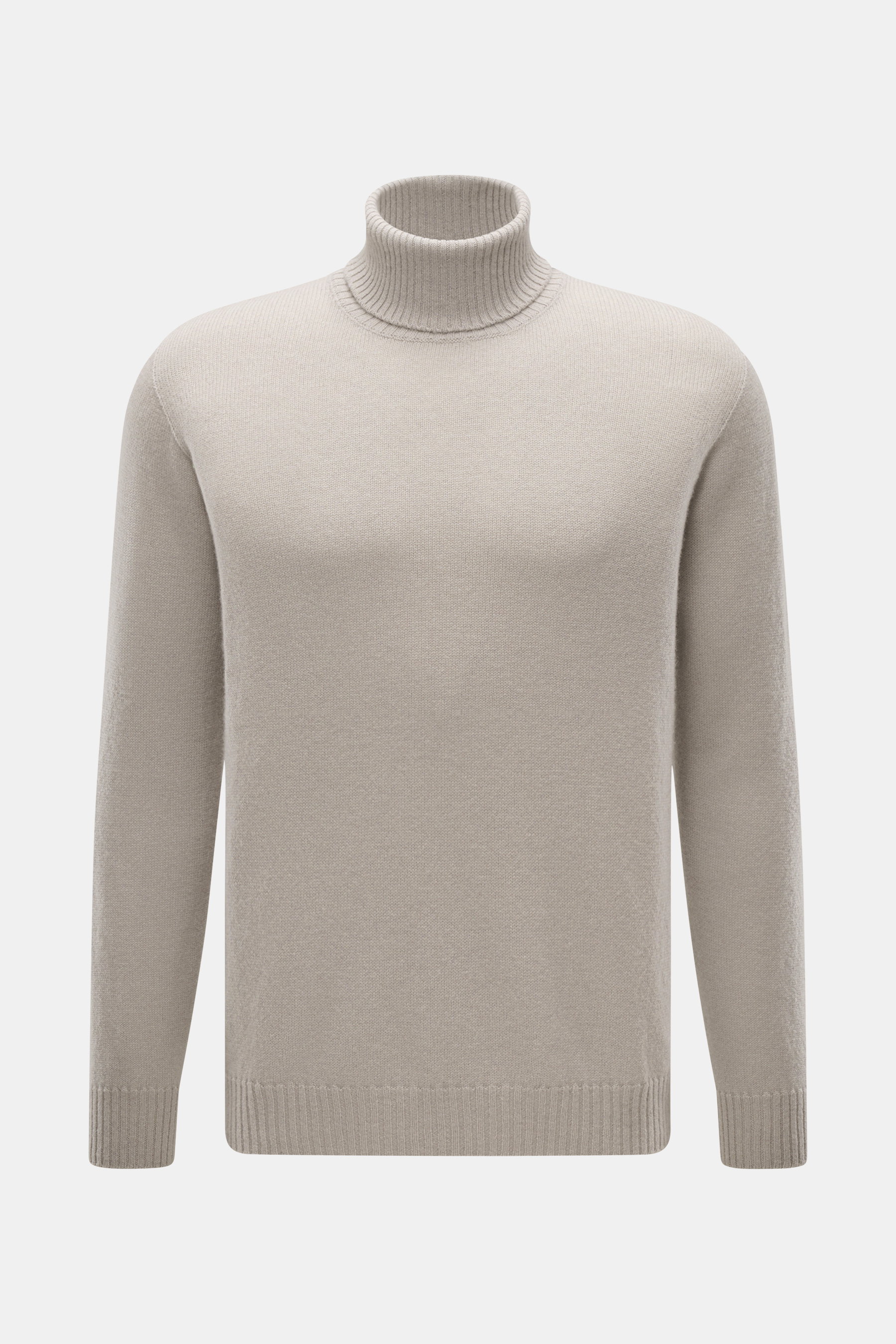 Frontaufnahme des 04651/ A trip in a bag Cashmere Rollkragenpullovers sand aus mittelfeinem Strick mit weichem Griff, Slim Fit, anliegendem Rollkragen und Rippbündchen.