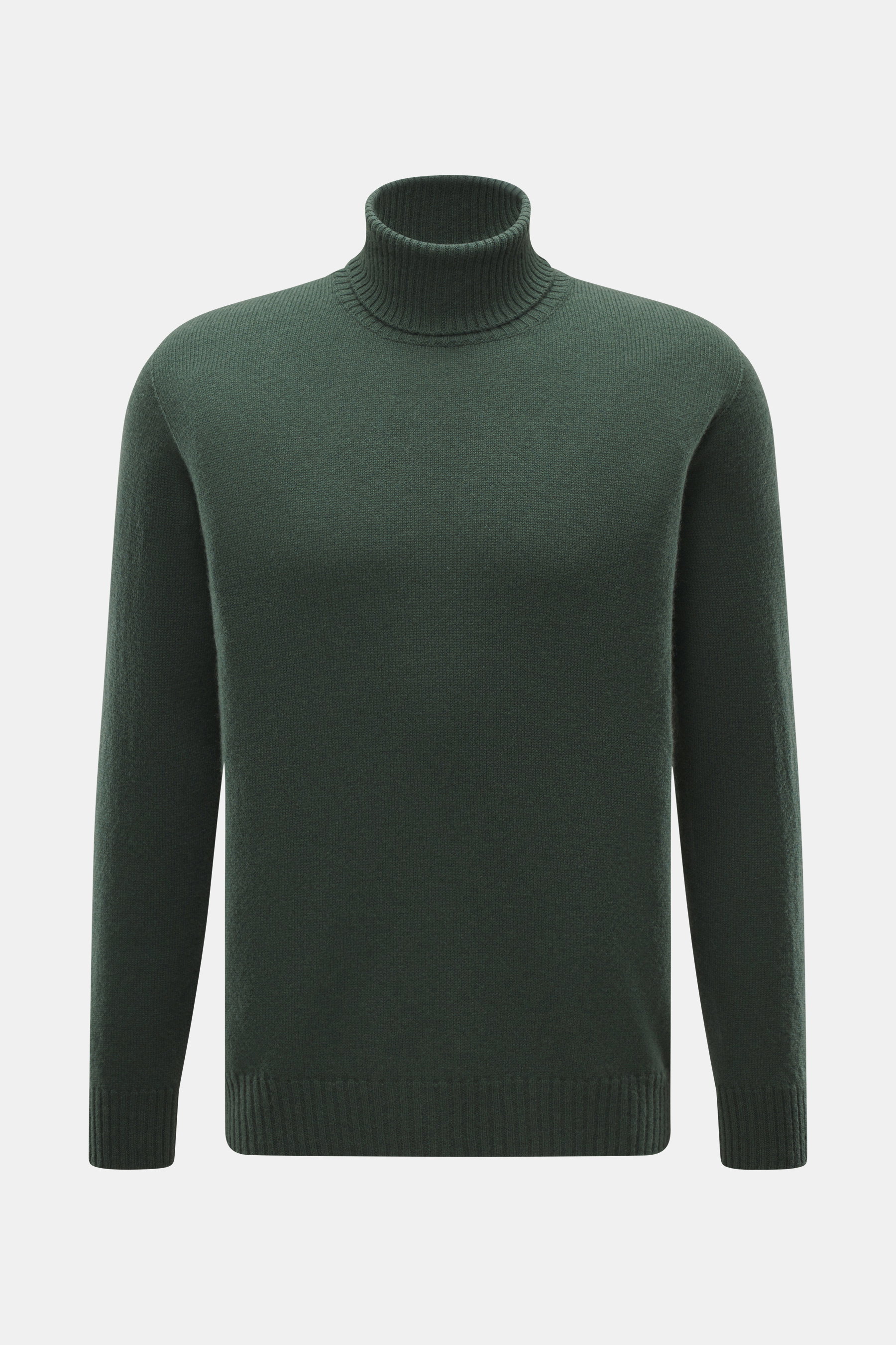 04651/ A trip in a bag Cashmere Rollkragenpullover grün, Frontansicht, Slim Fit, mittelfeines Strickbild, reiner Cashmere, weicher Griff, anliegender Rollkragen, komfortable Rippbündchen.