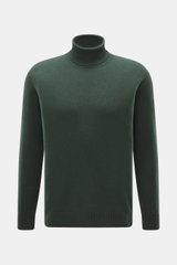 04651/ A trip in a bag Cashmere Rollkragenpullover grün, Frontansicht, Slim Fit, mittelfeines Strickbild, reiner Cashmere, weicher Griff, anliegender Rollkragen, komfortable Rippbündchen.