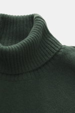 Nahaufnahme des anliegenden Rollkragens vom 04651/ A trip in a bag Cashmere Rollkragenpullover grün aus reinem Cashmere, mittelfeinem Strickbild.