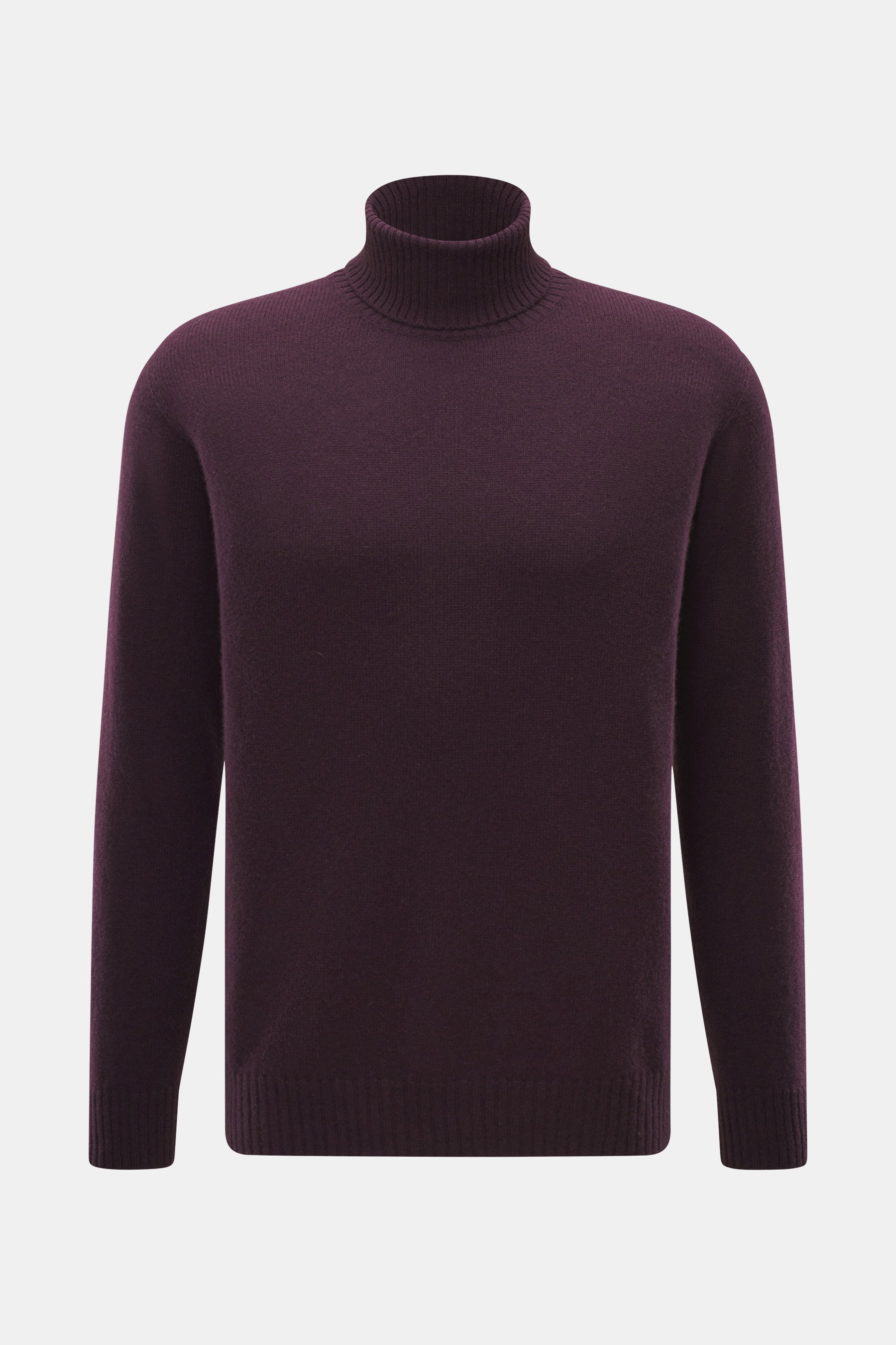 04651/ A trip in a bag Cashmere Rollkragenpullover dunkelviolett, Slim Fit, mittelfeines Strickbild, weicher Griff, Rippbündchen, frontal fotografiert.
